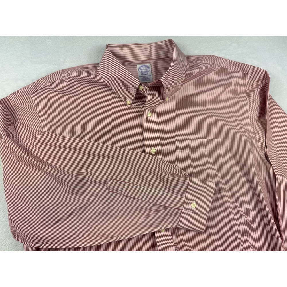 Brooks Brothers Mens 17.5 34 Red White Stripe Non-Iron Supima Cotton Dress Shirt